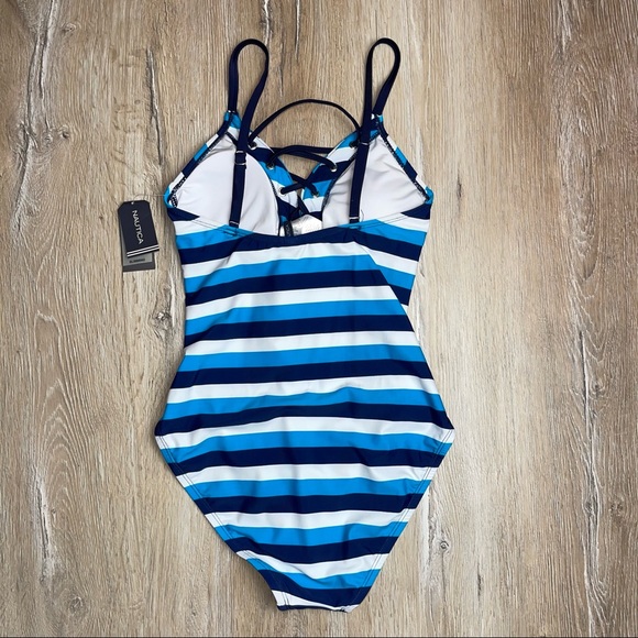 Nautica Lace Up Striped One Piece Swimsuit Blue Size M 7278 BNWT - Picture 3 of 8